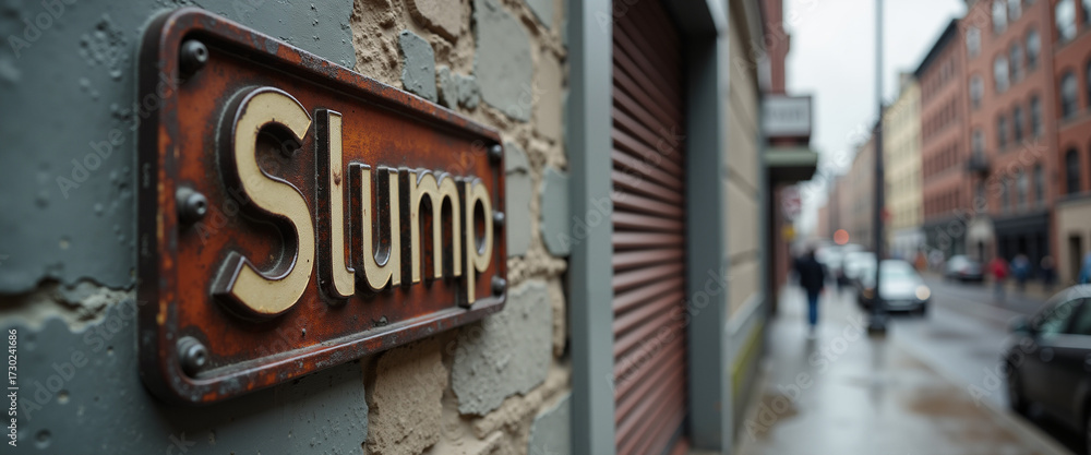Fototapeta premium Vintage 'Slump' sign on urban street in rainy weather 