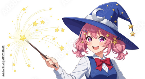 A cheerful anime girl with pink hair dressed as a witch, casting a spell with a magic wand that creates sparkling stars.