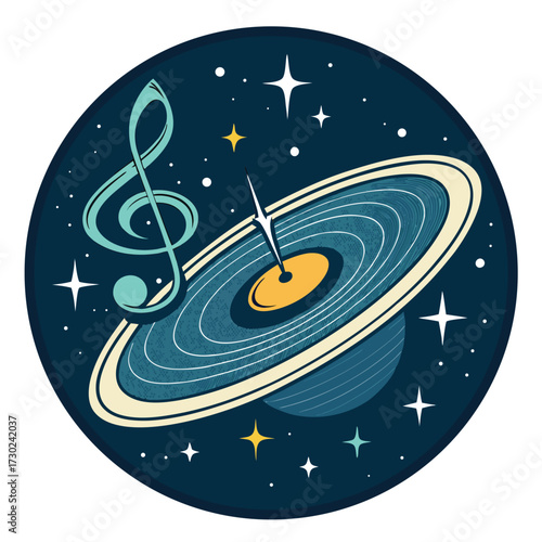 A vinyl record styled planet with a treble clef in space.