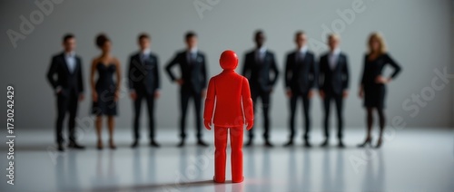 Wallpaper Mural minimal conceptual leadership photo, red figure in front of blurred group, individuality symbolism, macro clarity, clean modern design, soft tones, professional neutral setup Torontodigital.ca