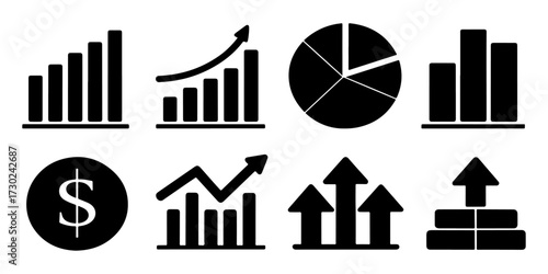 Set of Growing bar graph icon with arrow going up. Progress bar. Growing graph icon graph sign. Chart increase profit. Growth success arrow icon.