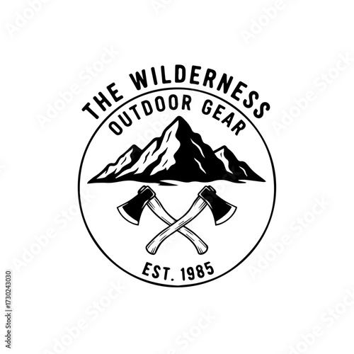 Vintage outdoor adventure emblem with crossed axes and mountains, a symbol for wilderness exploration and camping