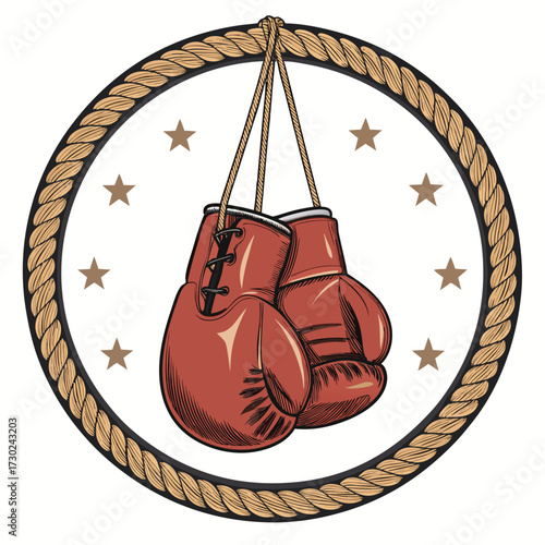 Boxing gloves hang within a rope circle with stars. (50-99 chars, end with a period).