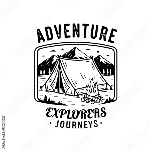 Retro monochrome badge design featuring a mountain camping scene with a tent and campfire for outdoor enthusiasts and explorers