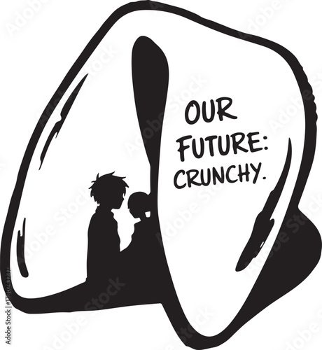 Anime couple silhouettes inside a giant fortune cookie predicting a crunchy future together vector
