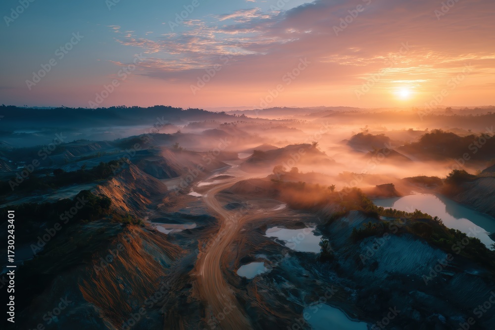 Fototapeta premium Aerial View of Waste Landscape Under Dawn Sky with Soft Light and Mist