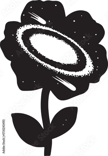 Abstract silhouette flower blooming unraveling petals simple stem black and white artistic botanical floral graphic element design vector
