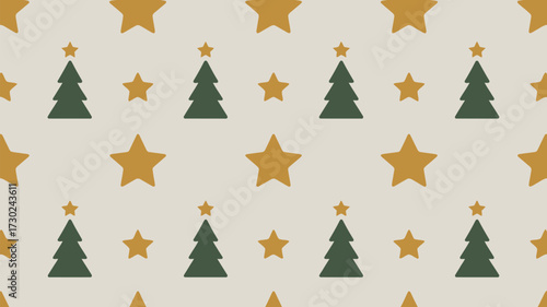 A christmas themed pattern featuring christmas trees and stars on a light colored background surface area