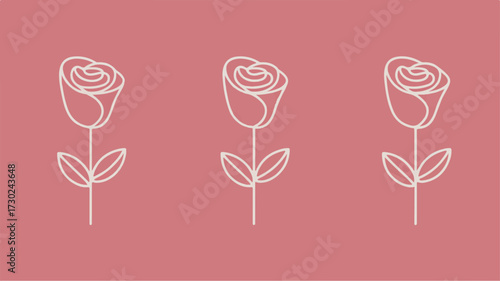 Three white line art roses with leaves on a dusty rose pink background flower floral