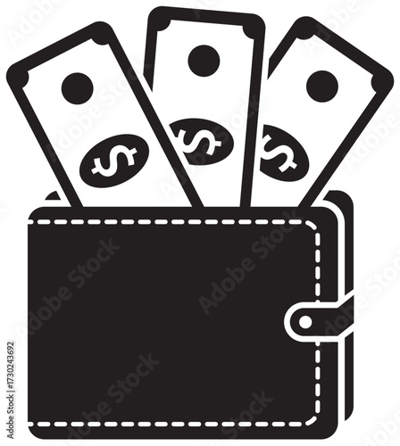 A simple black wallet filled with dollar bills