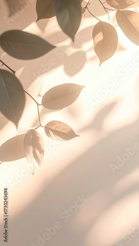 Sunlit Leaves with Soft Shadows on Beige Wall Neutral Tones Natural Light Delicate Leaf Texture Tranquil Still Life Warm Light Serene Visual