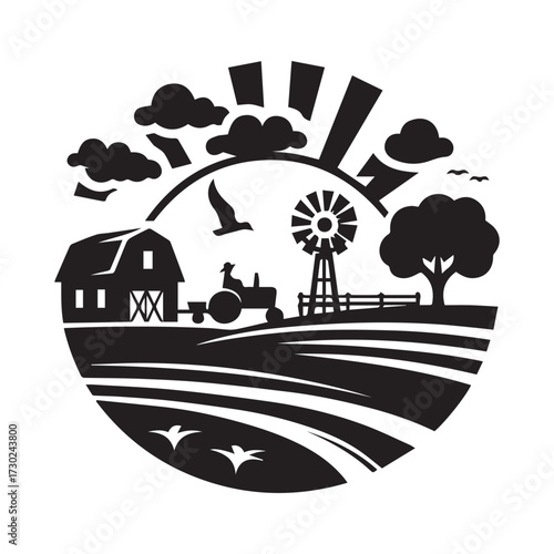 Circular farm landscape with barn tractor windmill and flying birds Keywords: farm, agriculture, rural, countryside, barn, tractor, windmill, fence, field, landscape, nature, silhouette