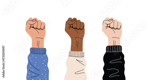 Three raised fists of diverse skin tones symbolizing unity and protest.