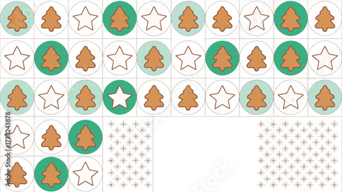 A christmas pattern with trees and stars in circles on a grid with snowflakes in the corner area