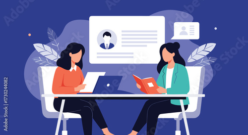 Two people sitting at a table discussing careers and job opportunities.