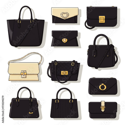 An elegant vector collection of various women's handbags, showcasing classic black and light-colored purse designs as a fashion accessory concept