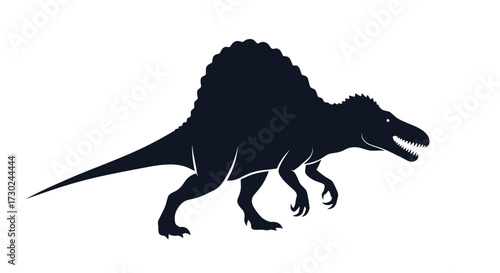 A fascinating silhouette of a large prehistoric dinosaur walking on its hind legs with a prominent sail on its back.
