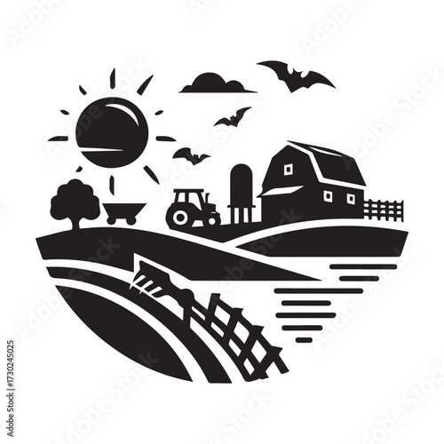 Stylized black and white farm scene with sun tractor barn and flying bats Keywords: farm, agriculture, rural, countryside, barn, tractor, sun, sky, clouds, fence, field, landscape, nature