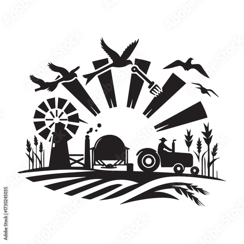 Silhouette of a farm with a windmill, tractor, and birds flying at sunrise Keywords: farm, agriculture, sunrise, rural, landscape, windmill, tractor, farming, countryside, harvest, nature