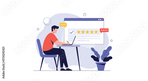 Online user giving feedback and writing reviews on a website using a laptop.