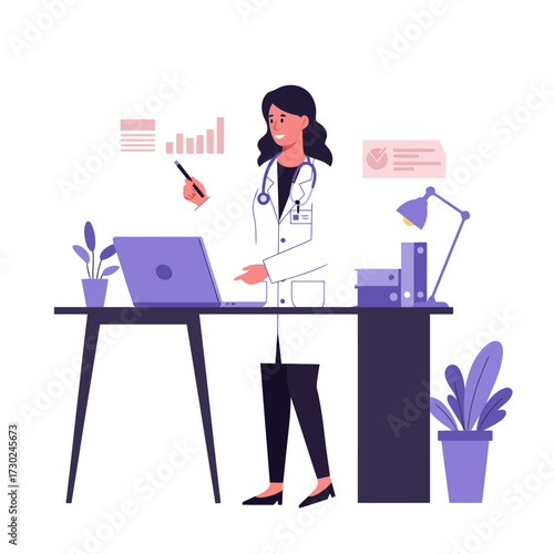 Doctor at Desk with Laptop and Chart