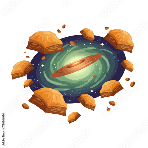 Baklava Pieces Floating Around a Galaxy Illustration