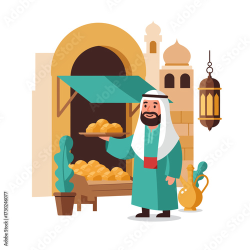 Arab baker selling fresh bread at market stall