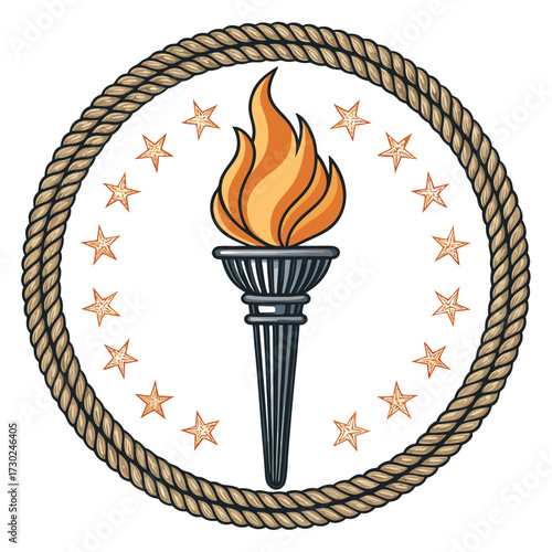 Circular emblem with a torch and stars inside a rope border.