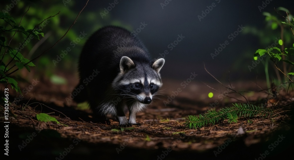 Obraz premium A raccoon forages in the forest, its fur blending with the shadows of the undergrowth