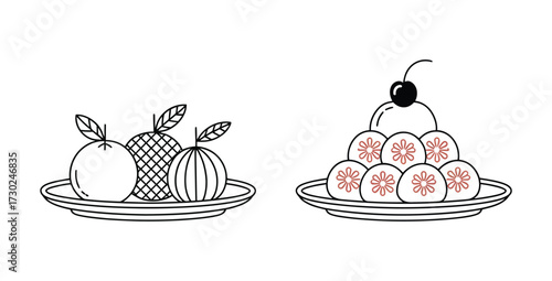 Elegant fruit and dessert line art illustration on white background