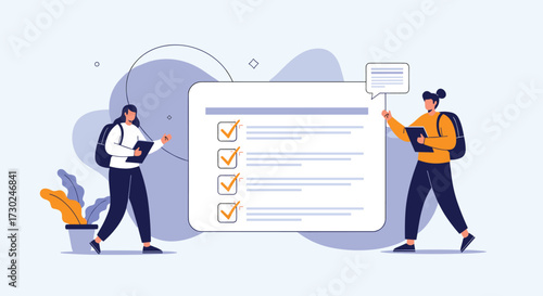 This image depicts two individuals reviewing a checklist on a large board, symbolizing task completion and project management.