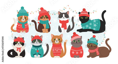 A delightful collection of cute cats dressed in festive winter hats and cozy sweaters creating a charming holiday scene.