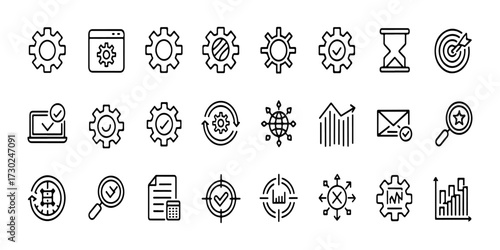 Settings icon set. Containing options, configuration, preferences, adjustments, gear, control panel and more icons. Vector illustration.