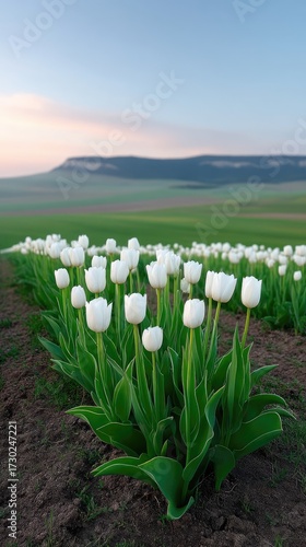 Side Angle View of White Tulips Growing in Field under Blue Sky