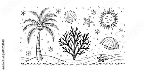 Set of cute summer elements: sun, palm tree, beach  calligraphy, tropical flowers and birds. Perfect for summer designs,  posters design.