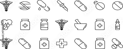 Pharmaceutical medicine and pill line icon. set of medicine icons, pills, capsules, drug store, pharmacy