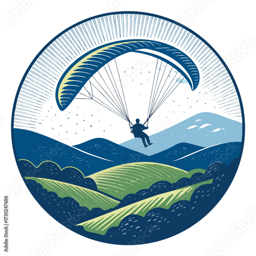 Paraglider soaring over rolling green hills and distant blue mountains.