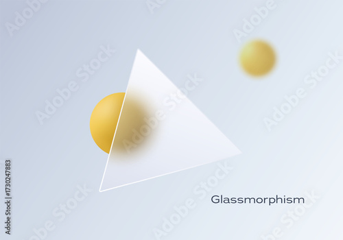 A backdrop featuring a translucent glass triangle panel with soft golden spheres, perfect for minimalist and futuristic designs.