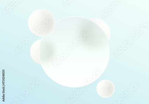 Minimal light vector background featuring a translucent circular glass-style panel with soft 3D spheres, perfect for modern designs and UI elements.