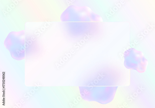 Soft pastel vector background featuring a translucent glass panel and floating iridescent abstract shapes, ideal for modern UI and landing pages.