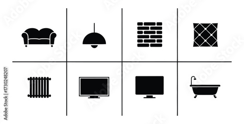Furnishings and fixtures black silhouette icons for interior design projects