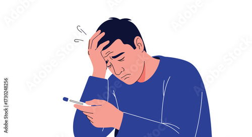 A man looking concerned while checking his temperature with a thermometer.