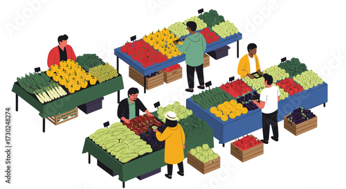 A vibrant outdoor market displays a colorful assortment of fresh produce including fruits and vegetables with shoppers interacting with vendors.
