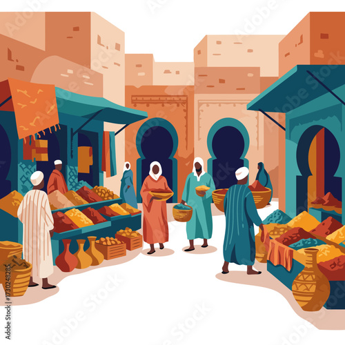 Moroccan Market Scene with People and Goods