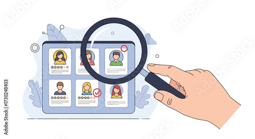 Finding the best candidate using a digital search and magnifying glass illustration.