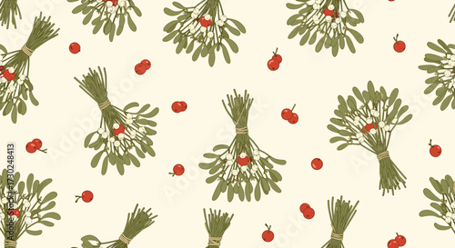 A delightful pattern featuring festive mistletoe sprigs with red berries.