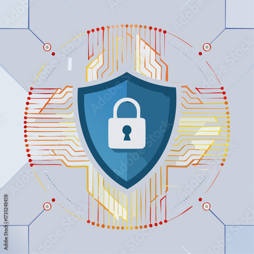 A digital shield with a padlock symbolizes cybersecurity and data protection in a technological context.