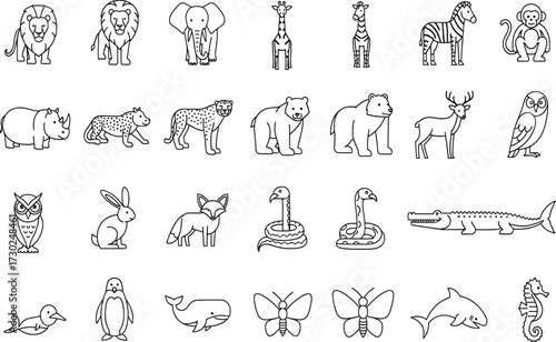 Animal icons, cartoon wildlife, jungle creatures, aquatic animals, forest species, black and white, vector, line art, educational illustration