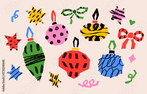 Bold collage Christmas cut out baubles set with crayon scribble grunge textures. Stars, funky ornaments, bows, torn paper shapes vector design