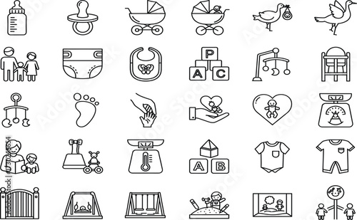 Baby care icon set, parenting symbols, family life items, childcare tools, toddler accessories, line style, black and white, vector illustration